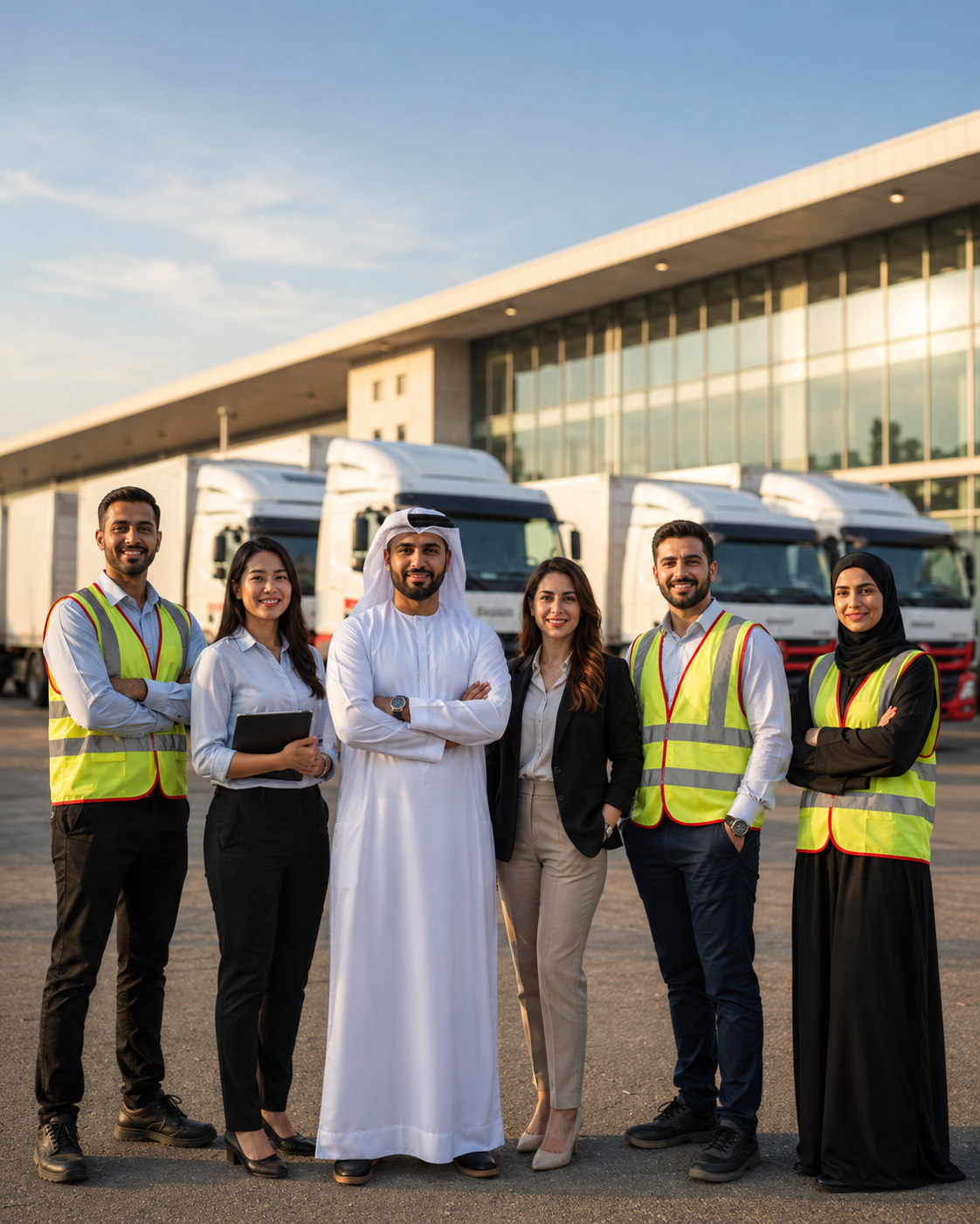 GANV Group team standing in front of the company fleet and building